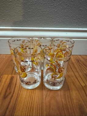 Vintage Yellow Rooster Glass Tumbler Juice Glasses - set of 5